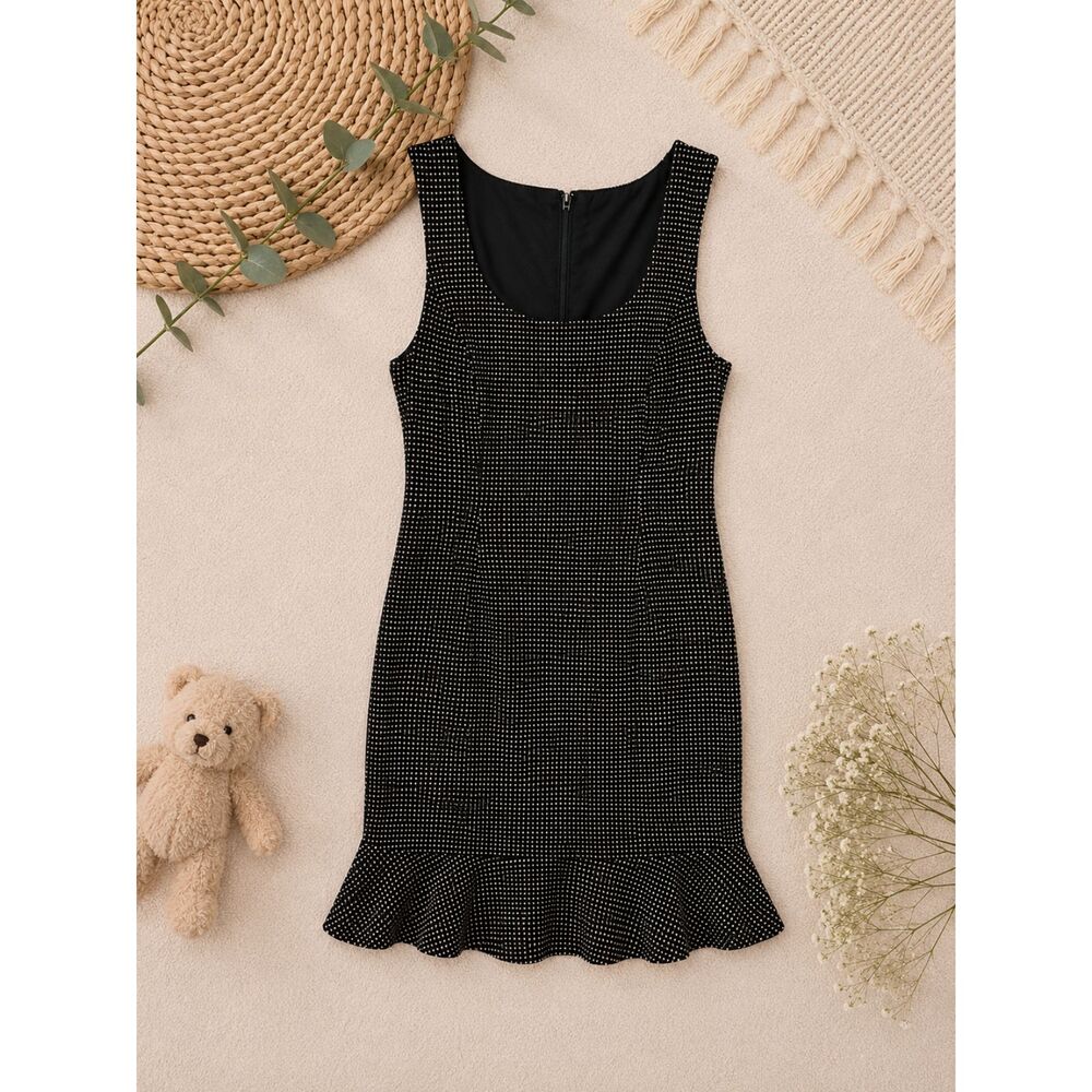 NWT White House Black Market Sleeveless Sheath Dress Size 6 Black Dot Ruffle Hem